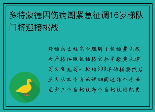 多特蒙德因伤病潮紧急征调16岁梯队门将迎接挑战